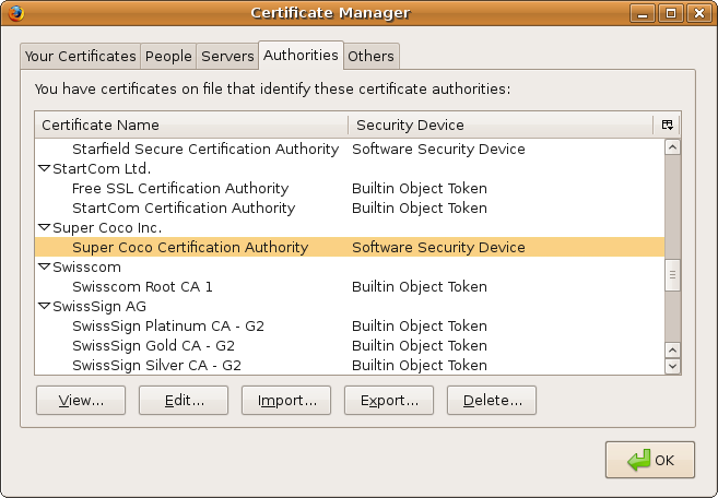 Firefox: Certificate Manager Super Coco Certificate Authority